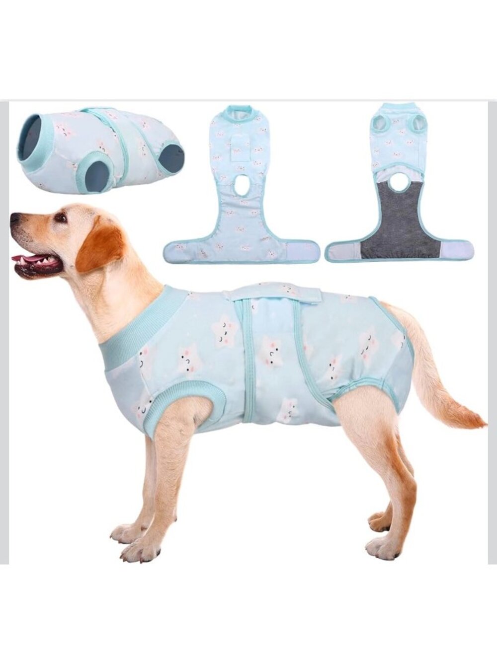 Dog Recovery Suit Light Blue W/ Star Print Large Breathable Cotton Blend Post-Su
